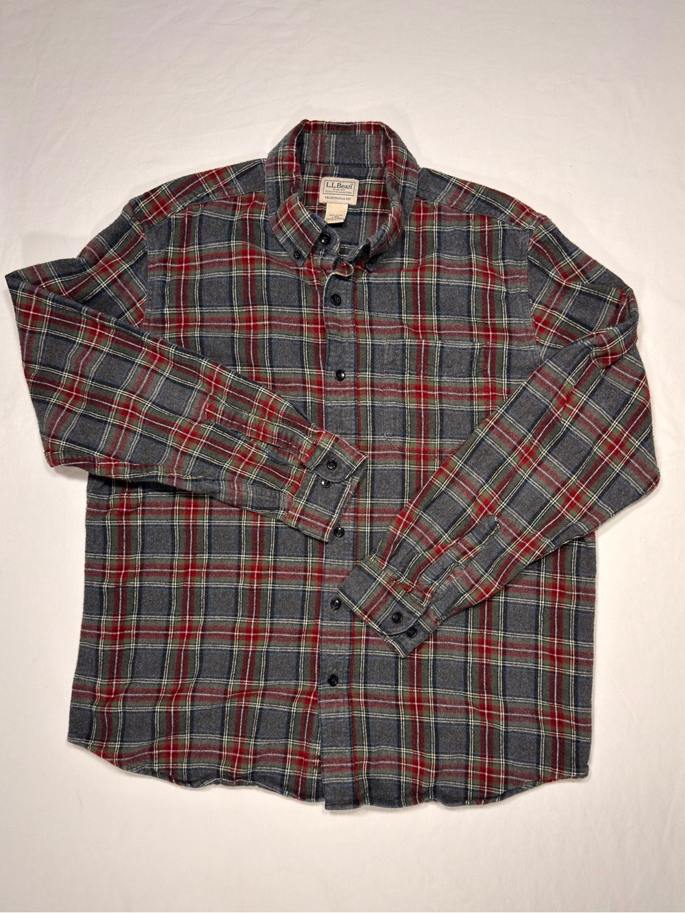 L.L. Bean Men's Gray & Red Plaid Button-Down Flannel Shirt